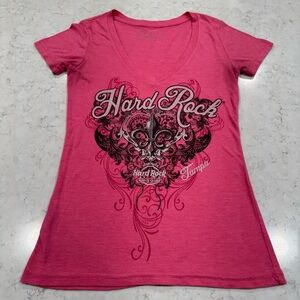 Hard Rock Hotel & Casino Pink V-neck T-Shirt Seminole Tampa Florida Front Design